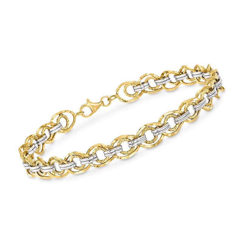 14kt Two-Tone Gold Textured and Polished Link Bracelet image number 0