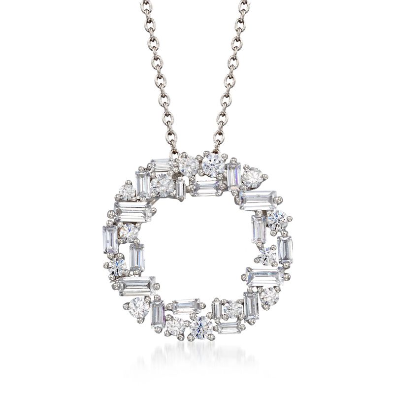 1.75 ct. t.w. Baguette and Round CZ Open Circle Pendant Necklace in Sterling Silver. 16&quot; image number 1