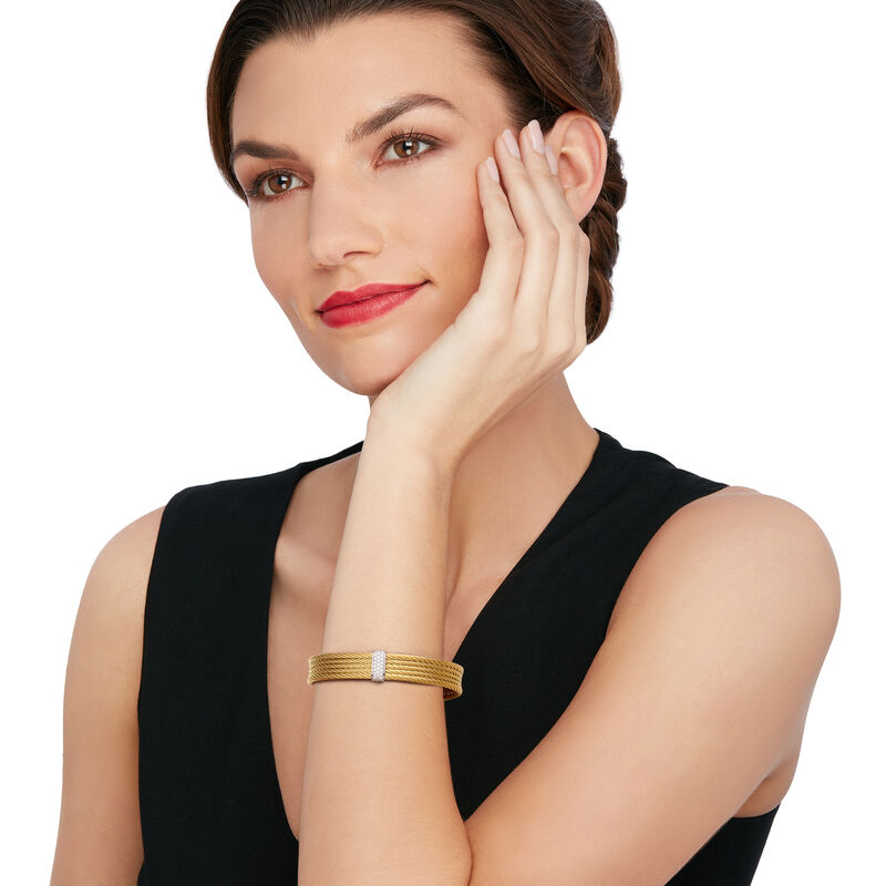 ALOR &quot;Classique&quot; Yellow Stainless Steel Cable Cuff Bracelet with .19 ct. t.w. Diamonds and 18kt White Gold. 7&quot; image number 1