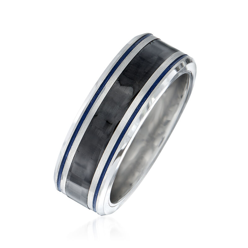 Men's 8mm Tungsten Carbide and Carbon Fiber Wedding Ring with Blue Stripes image number 1