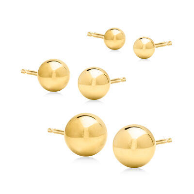 Italian 4-8mm 18kt Yellow Gold Ball Stud Jewelry Set: Three Pairs of Earrings