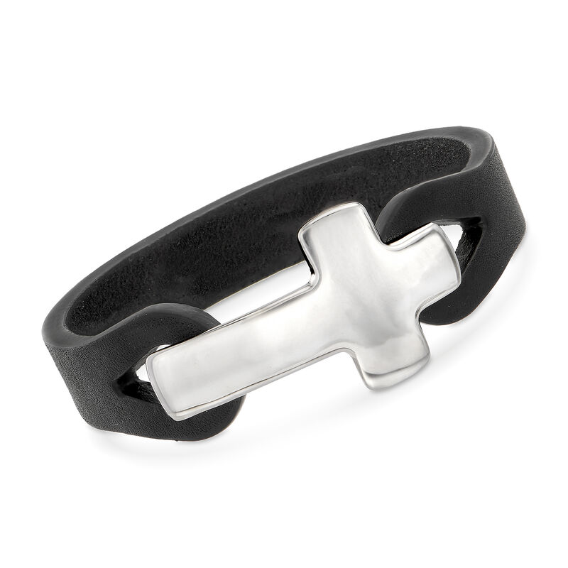 Men's Black Leather Cross Bracelet with Sterling Silver. 8&quot; image number 0