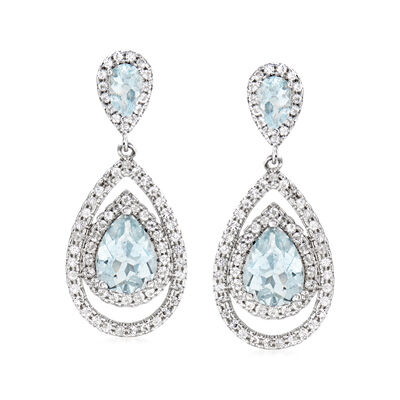 2.40 ct. t.w. Aquamarine and .70 ct. t.w. White Topaz Teardrop Earrings in Sterling Silver