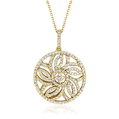 C. 2000 Vintage .90 ct. t.w. Diamond Openwork Flower Pendant Necklace in 14kt Yellow Gold