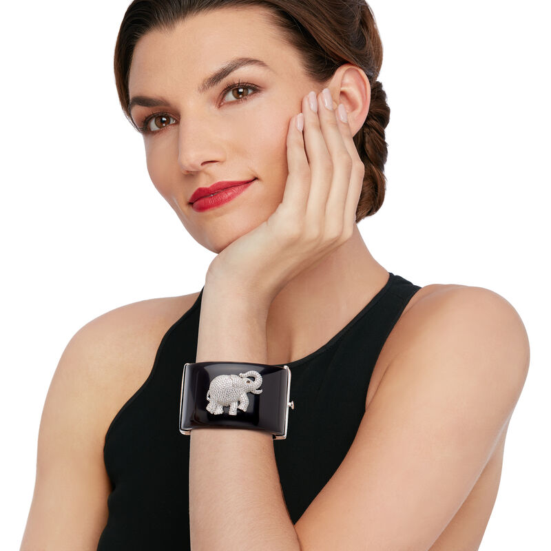 Black Acrylic Bangle Bracelet with 6.30 ct. t.w. CZ Elephant and Smoky Quartz Accents in Sterling image number 1