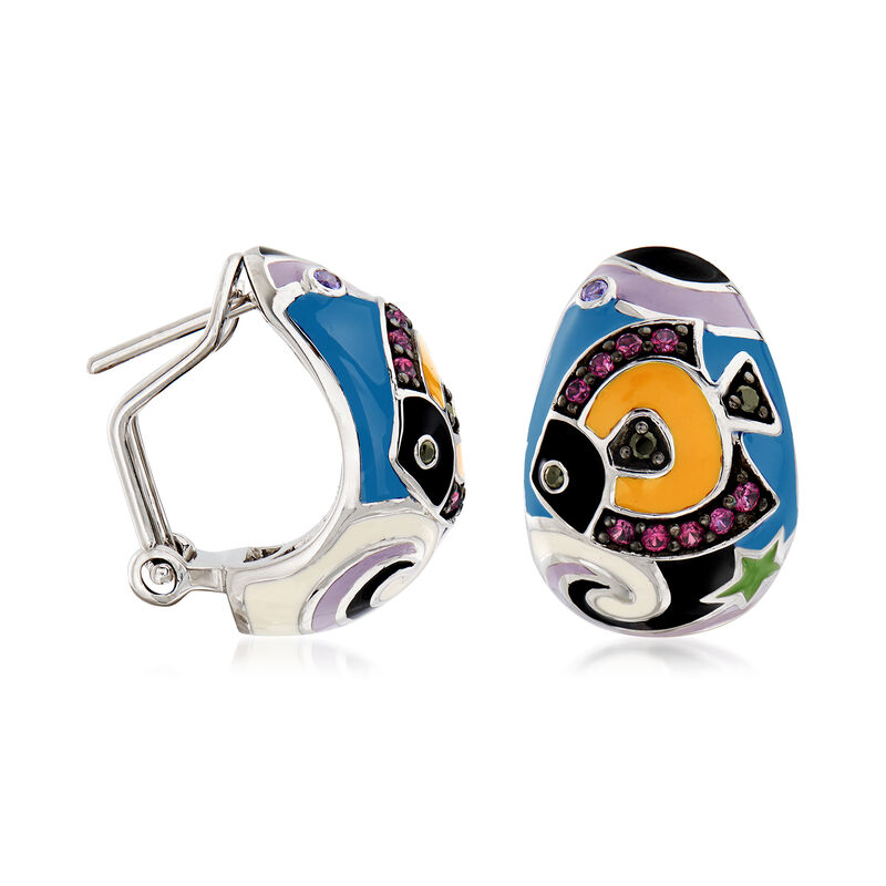 Belle Etoile &quot;Under the Sea&quot; Multicolored Enamel and .41 ct. t.w. CZ Hoop Earrings in Sterling Silver. 5/8&quot; image number 2