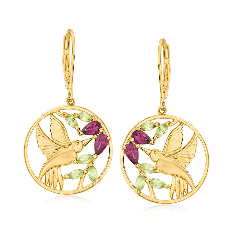 .90 ct. t.w. Rhodolite Garnet and .70 ct. t.w. Peridot Hummingbird Drop Earrings in 18kt Gold Over Sterling image number 0