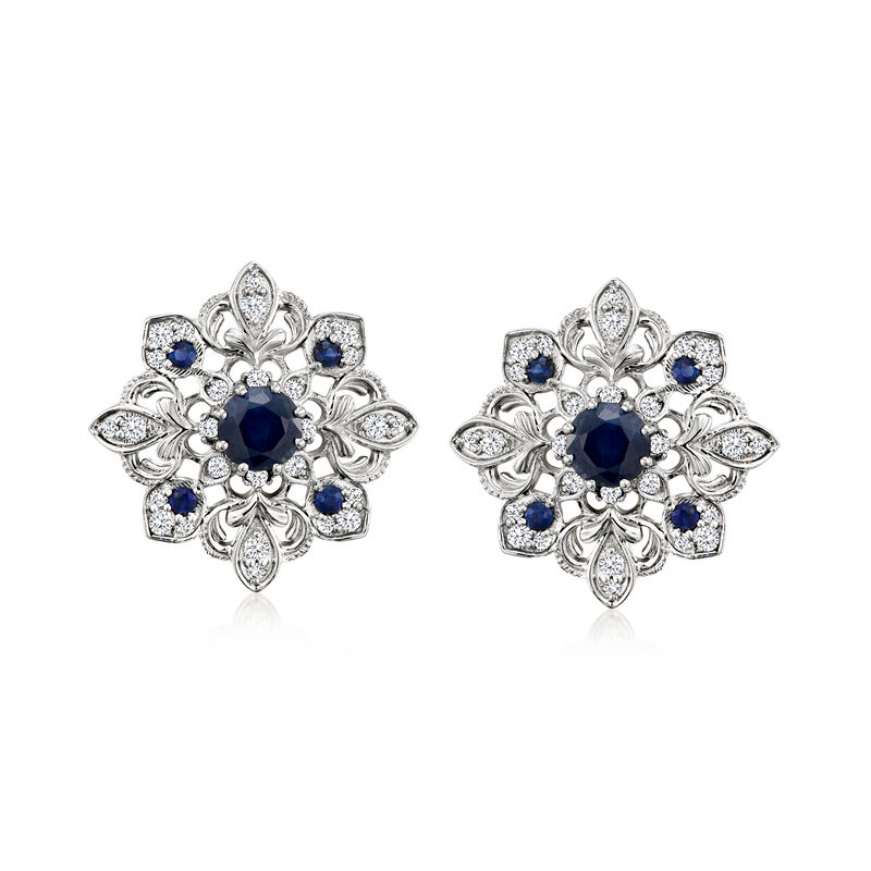 1.10 ct. t.w. Sapphire and .36 ct. t.w. Diamond Milgrain Earrings in Sterling Silver image number 0