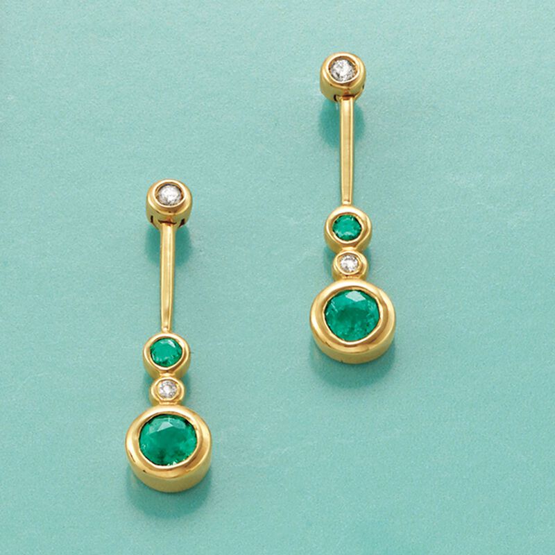 .37 ct. t.w. Bezel-Set Emerald Linear Drop Earrings with Diamond Accents in 14kt Gold image number 2