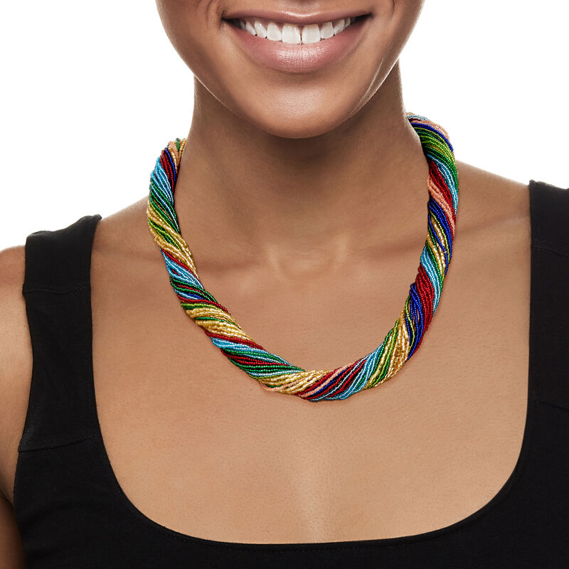 Italian Multicolored Murano Glass Bead Torsade Necklace with 18kt Gold Over Sterling. 20" image number 0