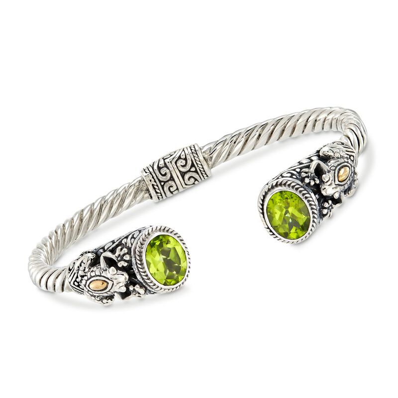 3.00 ct. t.w. Peridot Bali-Style Frog Cuff Bracelet in Two-Tone Sterling Silver image number 0