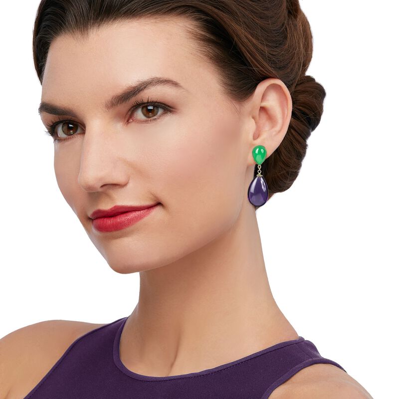 Jade and 35.00 ct. t.w. Simulated Amethyst Teardrop Earrings in 14kt Yellow Gold  image number 1