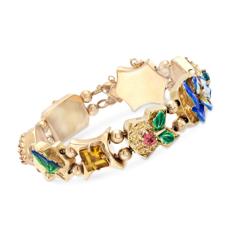C. 1990 Vintage Multi-Stone Floral Motif Slide Charm Bracelet in 14kt Gold image number 0
