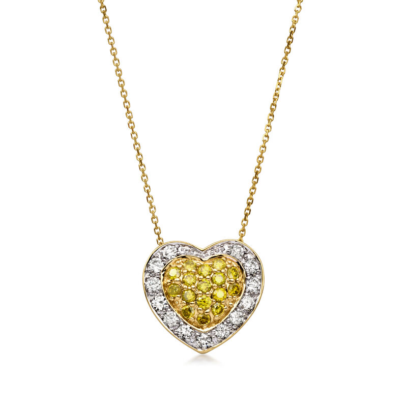 C. 1990 Vintage 1.10 ct. t.w. Yellow and White Diamond Heart Pendant Necklace in 14kt Yellow Gold. 18" image number 0