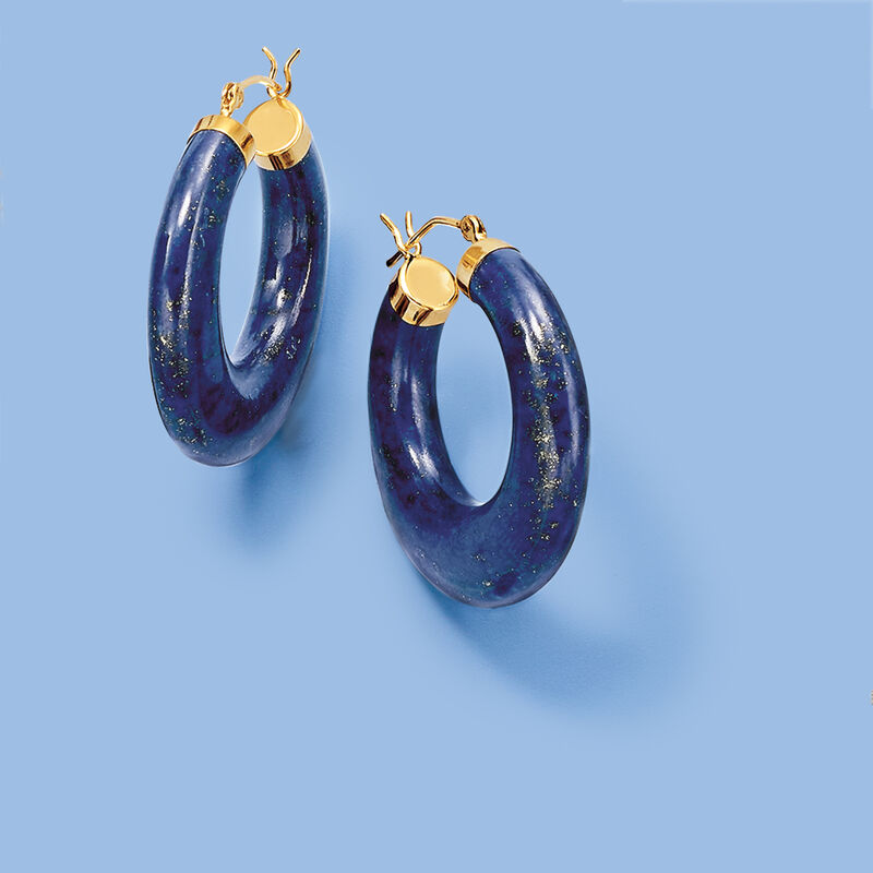 Lapis Hoop Earrings 14kt Yellow Gold. 1 1/8&quot; image number 2