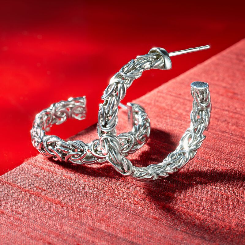 Sterling Silver Byzantine Hoop Earrings. 1 1/8&quot; image number 2
