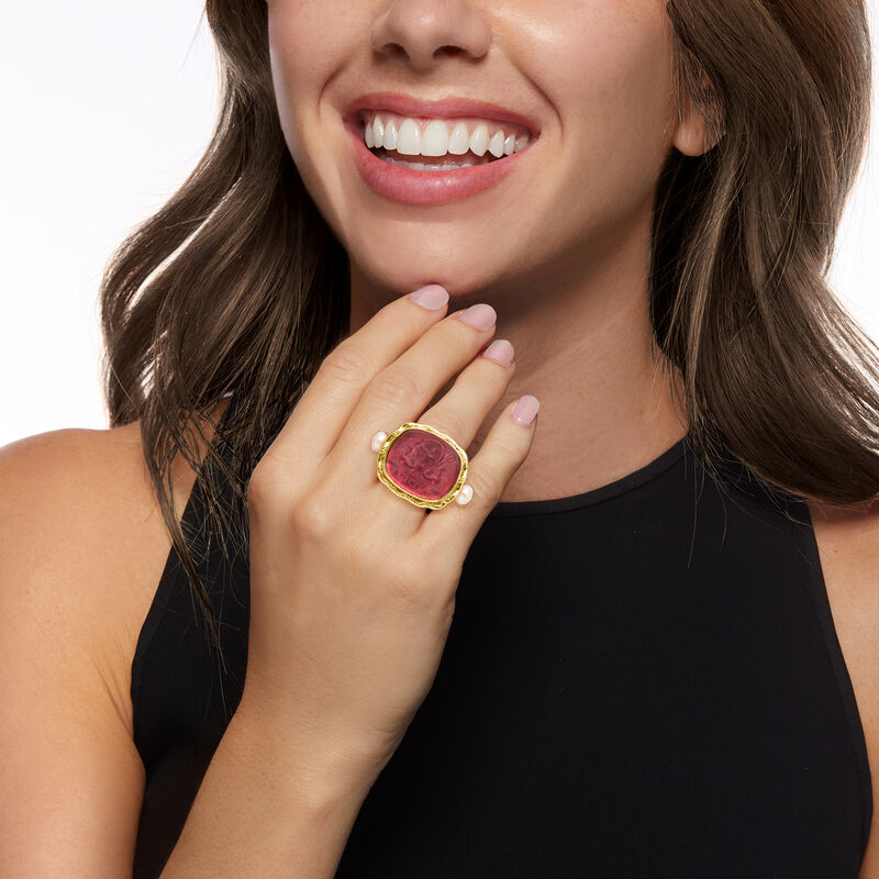 Italian Tagliamonte Pink Venetian Glass and 5.5-6mm Cultured Pearl Poseidon Ring in 18kt Gold Over Sterling image number 1