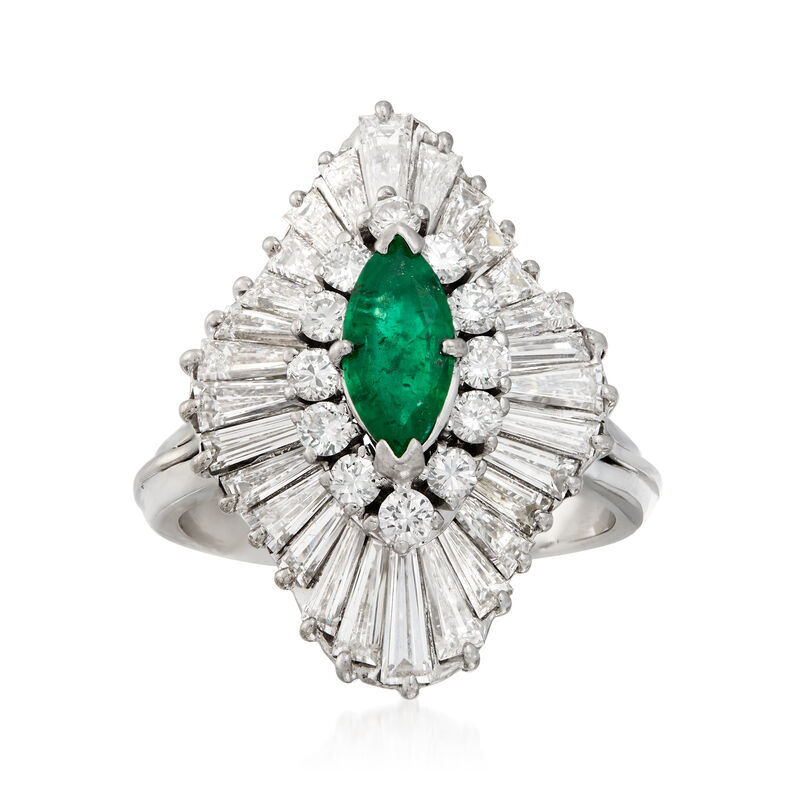 C. 1970 Vintage .45 Carat Emerald and 2.35 ct. t.w. Diamond Cocktail Ring in 14kt White Gold image number 0