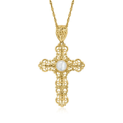 Mother-of-Pearl Filigree Cross Pendant Necklace in 18kt Gold Over Sterling