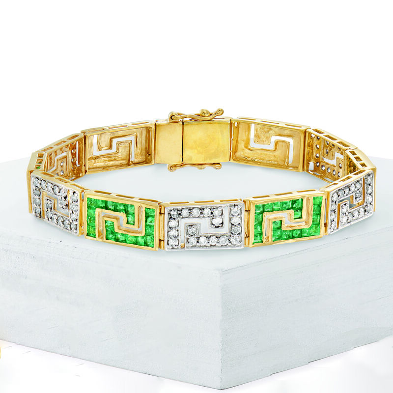3.40 ct. t.w. Emerald and 1.70 ct. t.w. Diamond Greek Key Bracelet in 18kt Gold Over Sterling image number 3