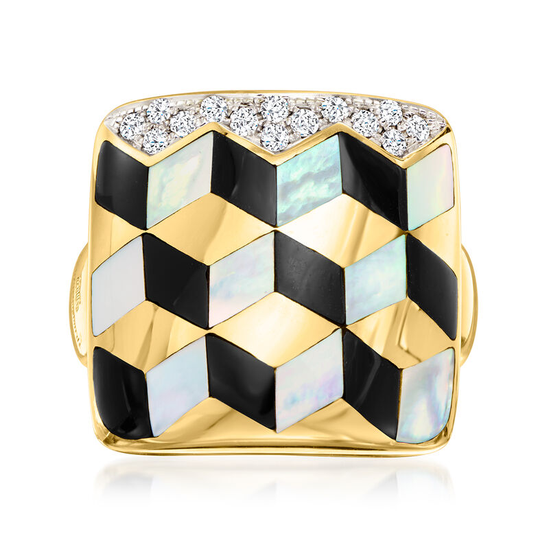 C. 1990 Vintage Asch Grossbardt Mother-of-Pearl and Onyx Inlay Ring with .16 ct. t.w. Diamonds in 14kt Yellow Gold. Size 6.5 image number 0