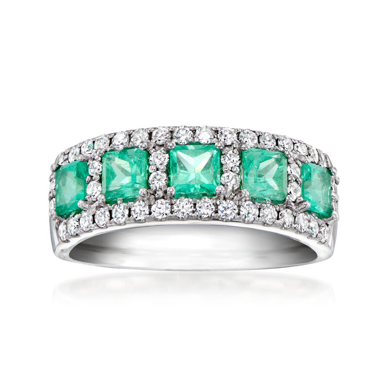 C. 2020 Vintage 1.11 ct. t.w. Emerald and .56 ct. t.w. Diamond Ring in 14kt White Gold. Size 7 image number 0