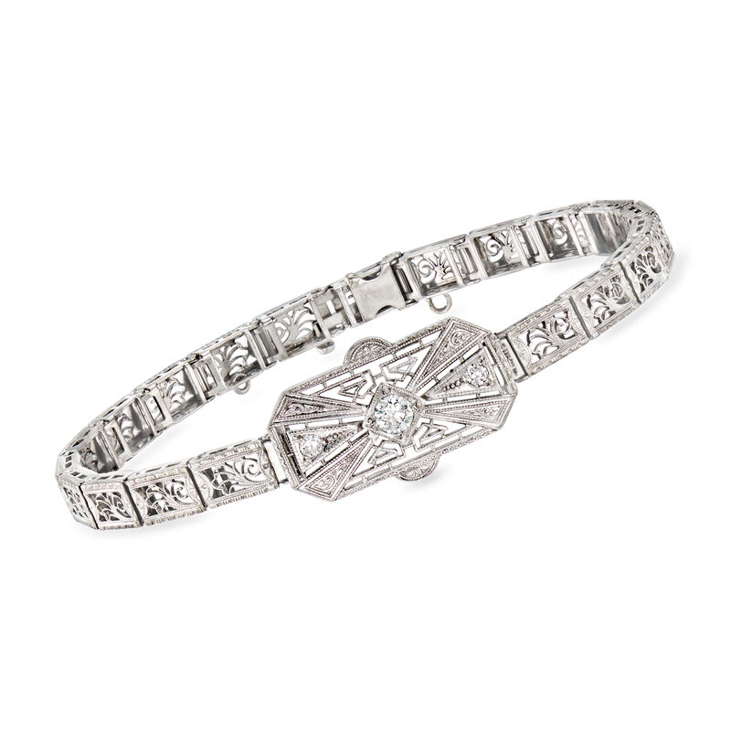 C. 1950 Vintage .30 ct. t.w. Diamond Openwork Bracelet in 14kt White Gold and Platinum. 7" image number 0