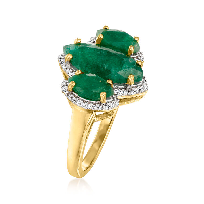 3.30 ct. t.w. Emerald and .16 ct. t.w. Diamond  Three-Stone Ring in 18kt Gold Over Sterling image number 2