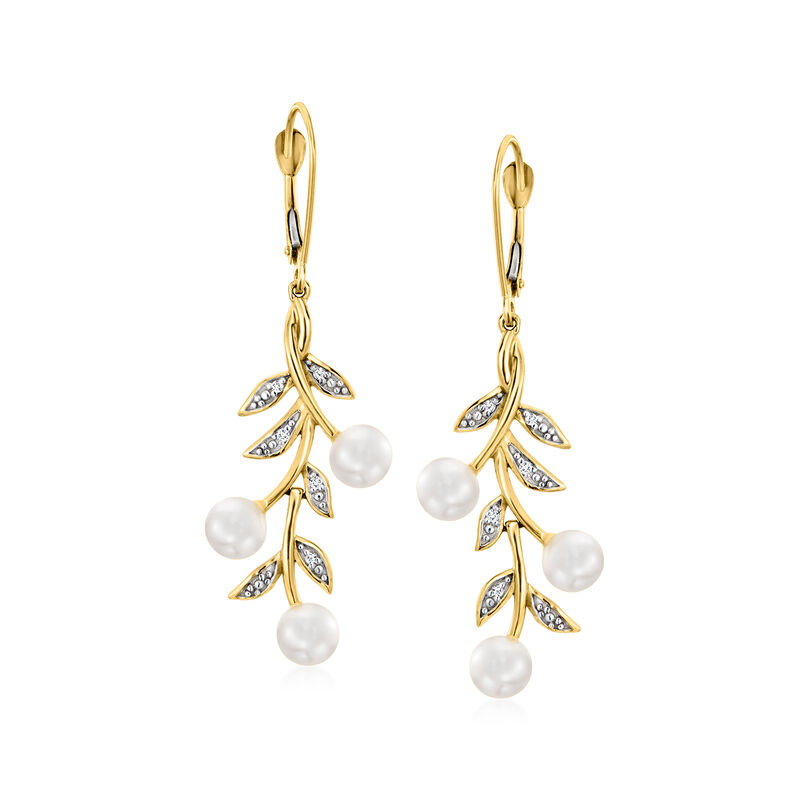 5mm Cultured Pearl and Diamond Leaf Drop Earrings in 14kt Yellow Gold  image number 0