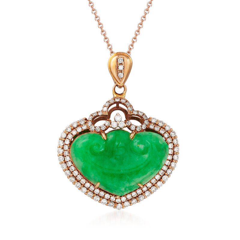 C. 1970 Vintage Jade and .70 ct. t.w. Diamond Heart Pendant Necklace in 18kt and 14kt Rose Gold. 18&quot; image number 0