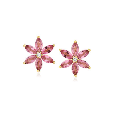 .80 ct. t.w. Pink Tourmaline Flower Earrings with White Topaz in 14kt Yellow Gold