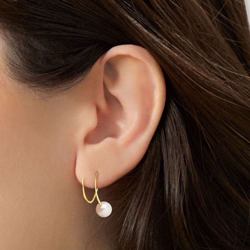 5.5-6mm Cultured Pearl Spiral Hoop Earrings in 14kt Yellow Gold. 5/8" image number 1