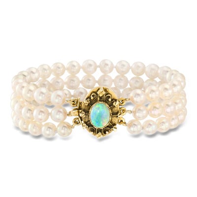 C. 1980 Vintage Opal and 5.5mm Cultured Pearl Three-Row Bracelet in 14kt Yellow Gold