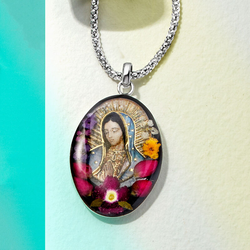 Our Lady of Guadalupe Pendant Necklace with Dried Flowers in Sterling Silver. 18&quot; image number 4