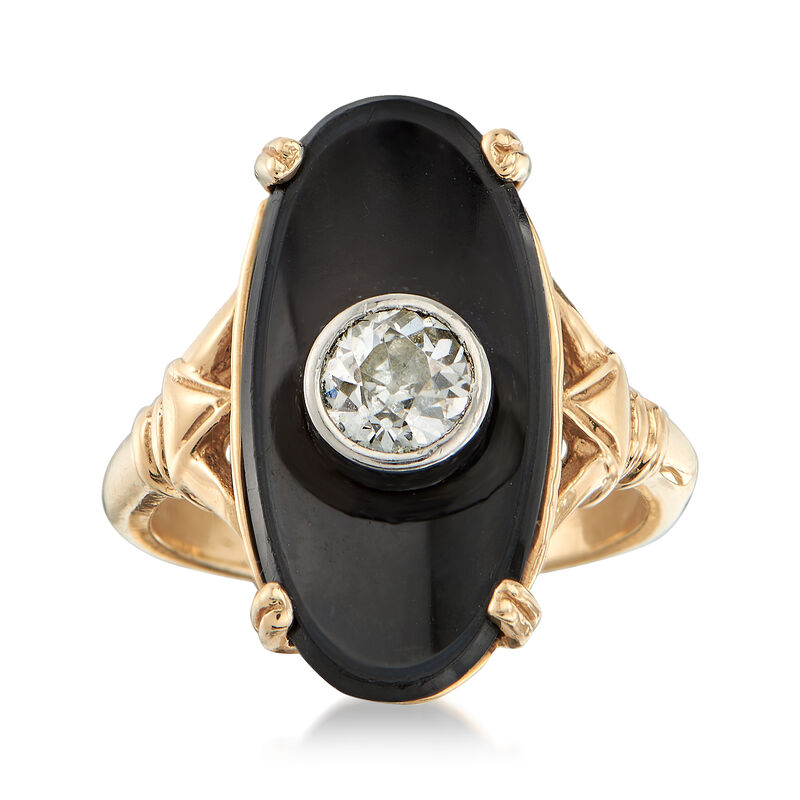 C. 1950 Vintage Oval Black Onyx and .50 Carat Diamond Ring in 14kt Yellow Gold  image number 0