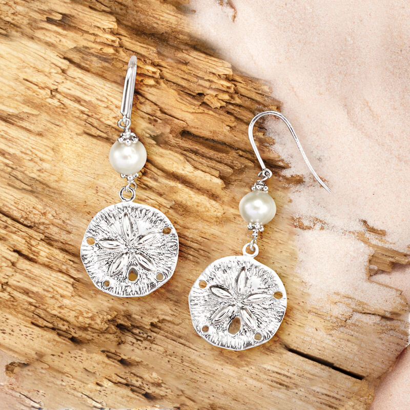 6.5-7.5mm Cultured Pearl and Sterling Silver Sand Dollar Drop Earrings  image number 3