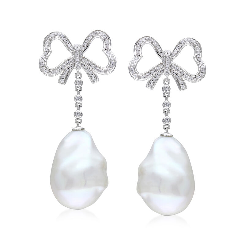 13mm Cultured Baroque Pearl and .49 ct. t.w. Diamond Bow Drop Earrings in 14kt White Gold image number 0