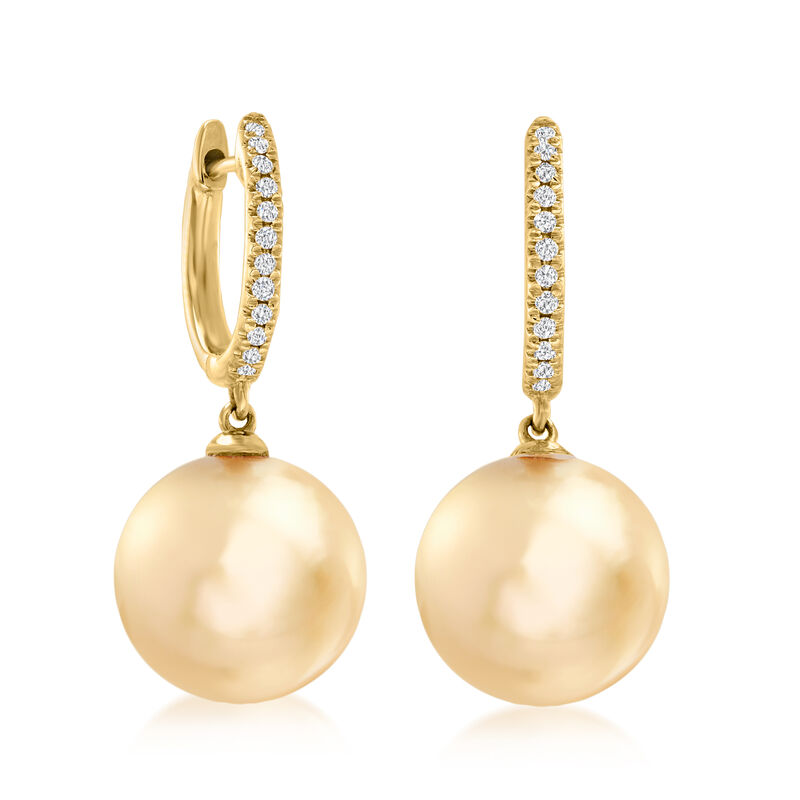 10-11mm Golden South Sea Pearl and .11 ct. t.w. Diamond Hoop Drop Earrings in 14kt Yellow Gold  image number 2