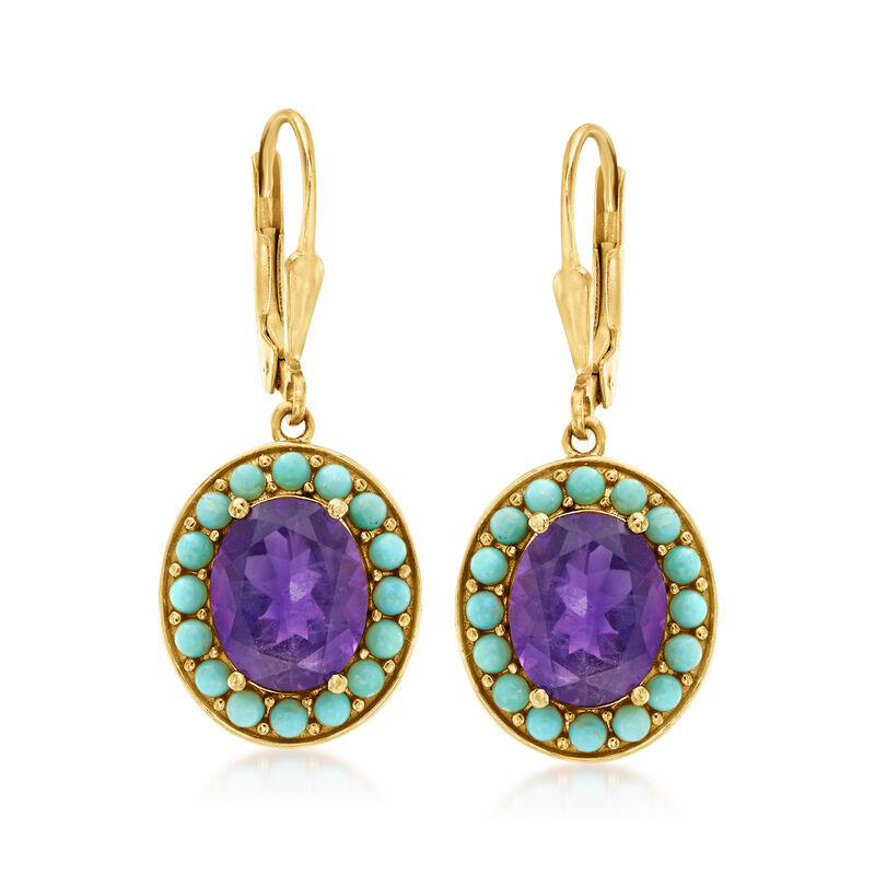 Turquoise and 5.00 ct. t.w. Amethyst Drop Earrings in 18kt Gold Over Sterling image number 0