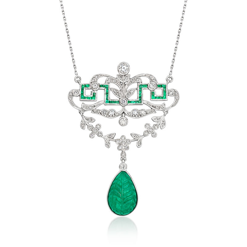 C. 1990 Vintage 5.50 ct. t.w. Emerald and .79 ct. t.w. Diamond Openwork Drop Necklace in 18kt White Gold. 16.5" image number 0