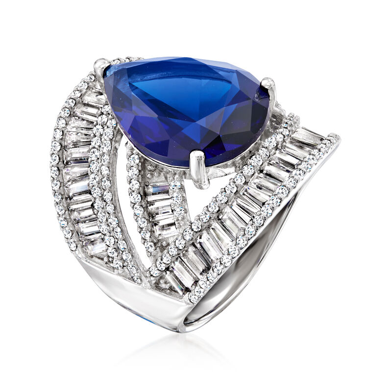 9.00 Carat Simulated Sapphire and 3.60 ct. t.w. CZ Ring in Sterling Silver image number 2