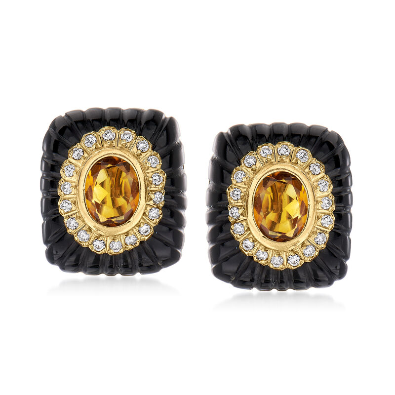 C. 1980 Vintage Black Onyx and 4.00 ct. t.w. Citrine and .75 ct. t.w. Diamond Clip-On Earrings in 14kt Yellow Gold image number 0