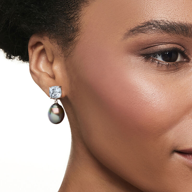 12-12.5mm Black Cultured Tahitian Pearl and 10.00 ct. t.w. Aquamarine Drop Earrings in Sterling Silver image number 1