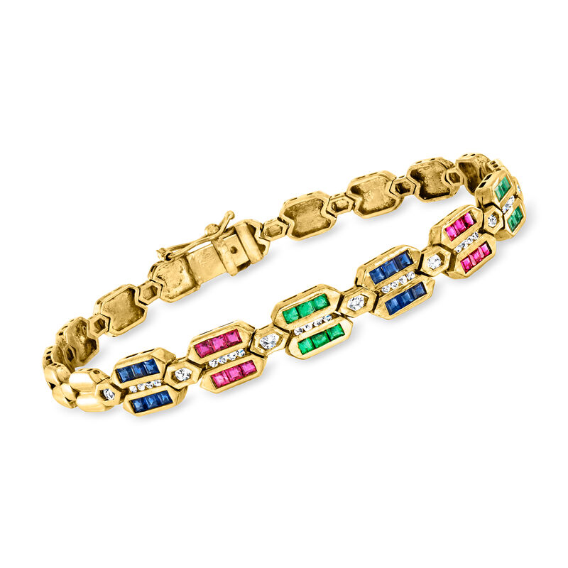 C. 1990 Vintage 2.10 ct. t.w. Multi-Gemstone and .40 ct. t.w. Diamond Bracelet in 18kt Yellow Gold. 7&quot; image number 0