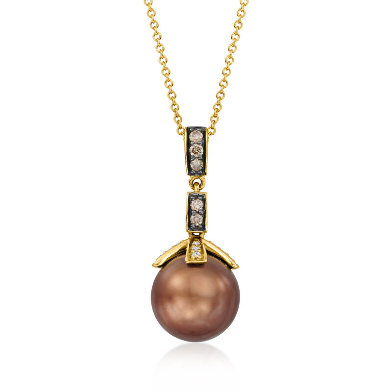 Le Vian 10-11mm Chocolate Pearl Pendant Necklace with .46 ct. t.w. Chocolate and Vanilla Diamonds in 14kt Honey Gold. 18&quot; image number 1