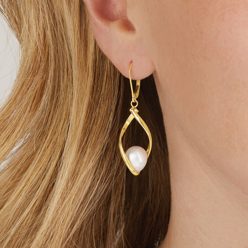 8.5-9mm Cultured Pearl Twisted Drop Earrings in 14kt Yellow Gold image number 2