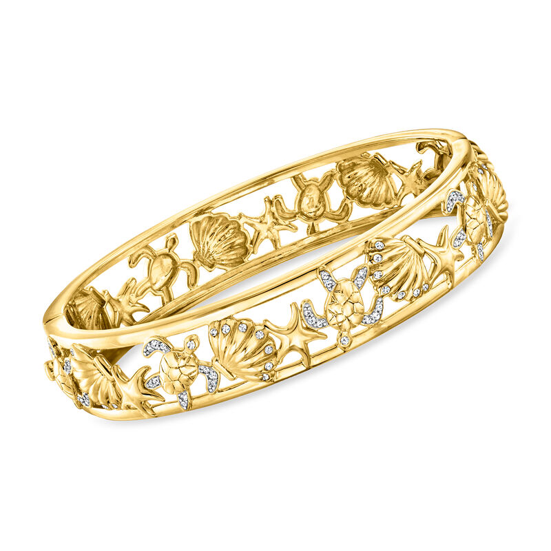 .33 ct. t.w. Diamond Sea Life Bangle Bracelet in 18kt Gold Over Sterling. 7&quot; image number 0