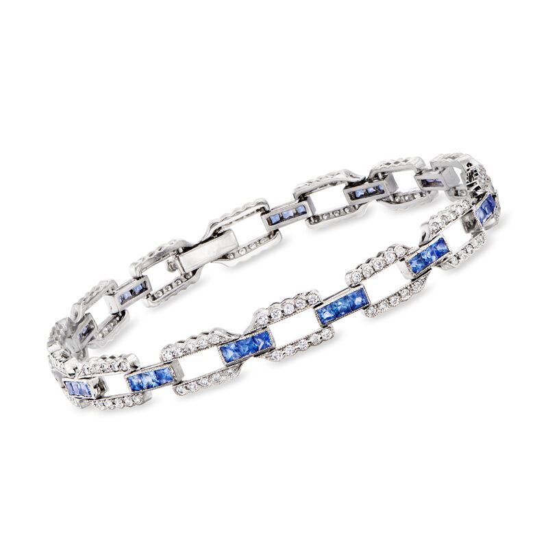 C. 1980 Vintage 3.83 ct. t.w. Sapphire and 1.49 ct. t.w. Diamond Link Bracelet in 18kt White Gold. 7.25" image number 0