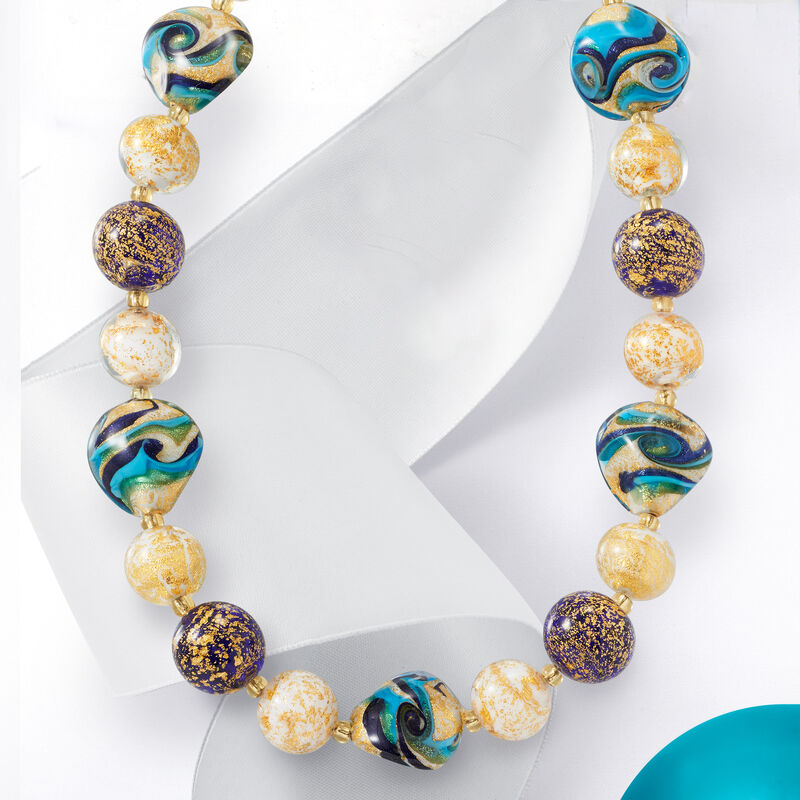 Italian Multicolored Murano Glass Bead Drop Necklace In 18kt