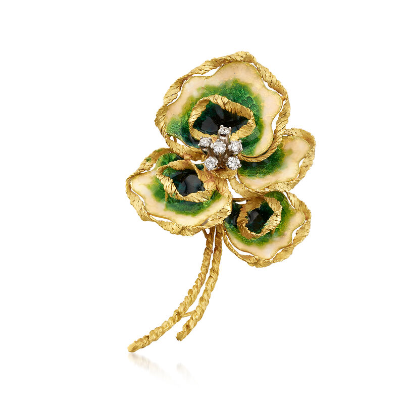 C. 1970 Vintage .55 ct. t.w. Diamond and Enamel Floral Pin in 18kt Yellow Gold image number 0